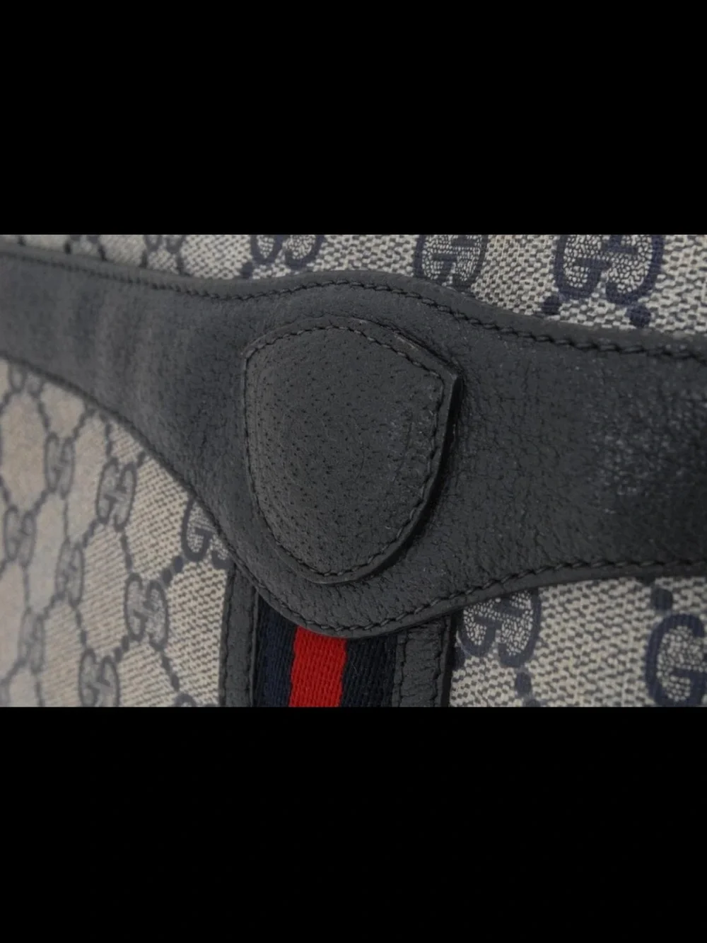 Gucci Navy GG Supreme Messenger Bag with Red-Green Stripe